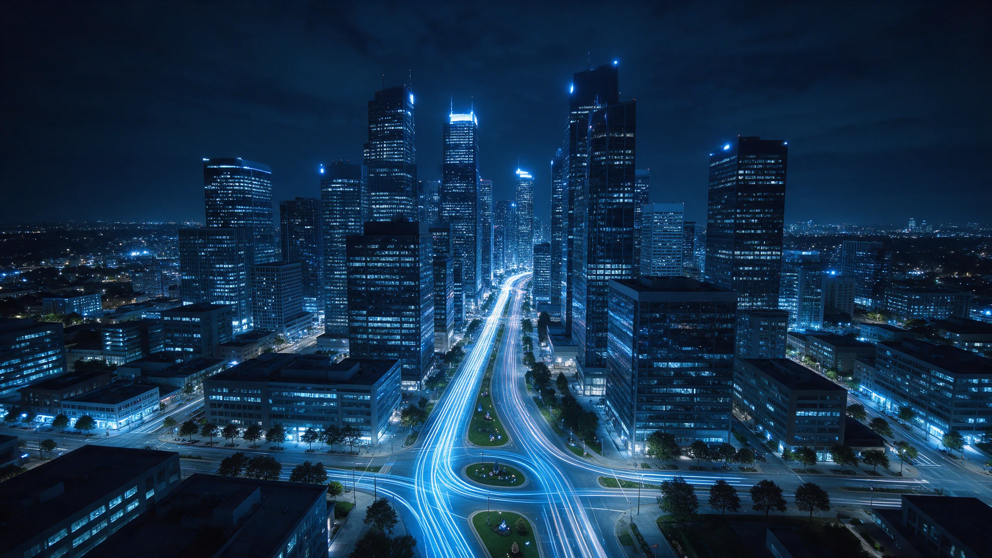 Cidade à noite com caminhos de luz azul conectando os edifícios