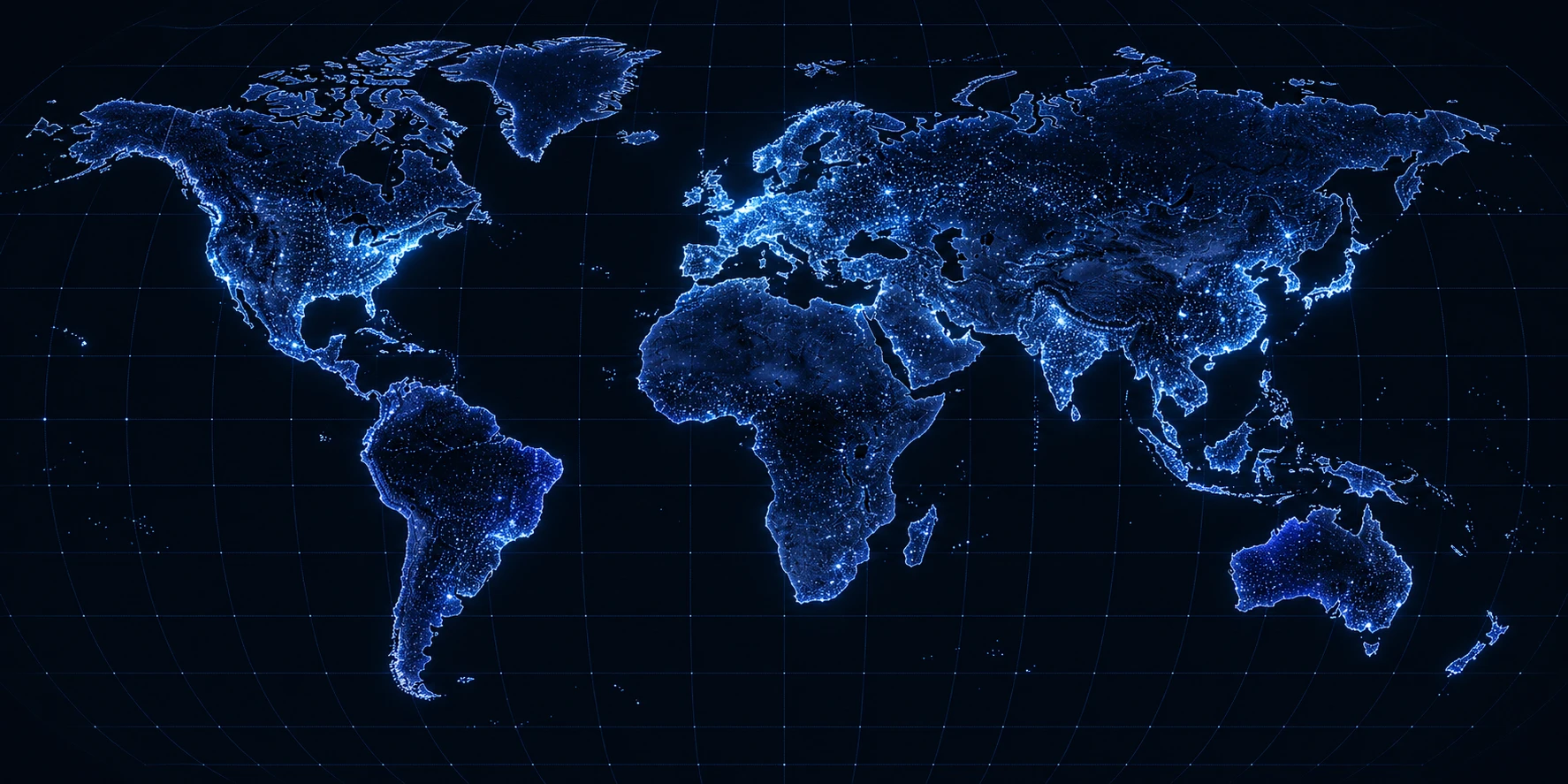 Mapa-múndi tecnológico em azul mostrando a presença global da Muvz